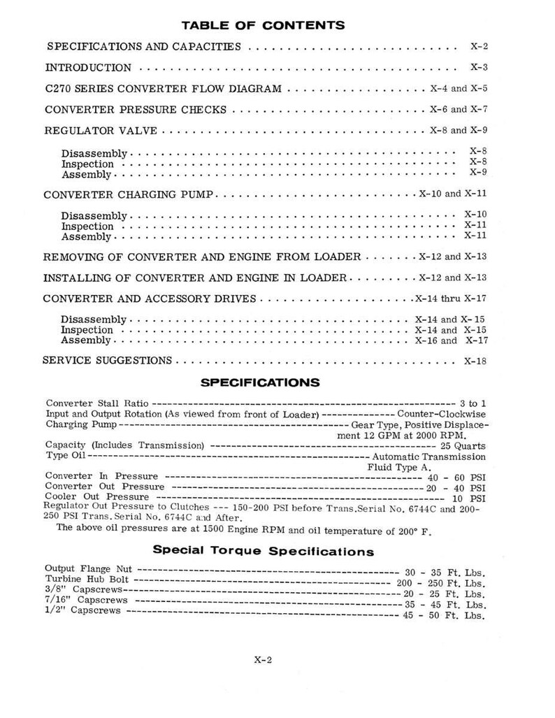 May include: A black and white technical manual page with the title "TABLE OF CONTENTS" at the top. The page lists specifications, capacities, and service suggestions for a C270 series converter.