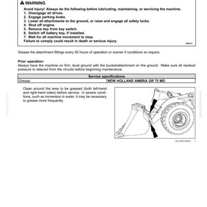 May include: A technical manual page titled 7-MAINTENANCE, detailing bucket and attachment grease procedures. It includes a warning box, service specifications for New Holland Ambra GR 75 MD grease, and a line drawing of a tractor loader arm.