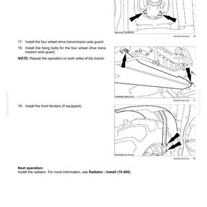 May include: Diagram of tractor components with arrows indicating installation points for the front fixing nuts, axle guard, and fixing bolts. Text includes torque specifications in Newton-meters and pound-feet.