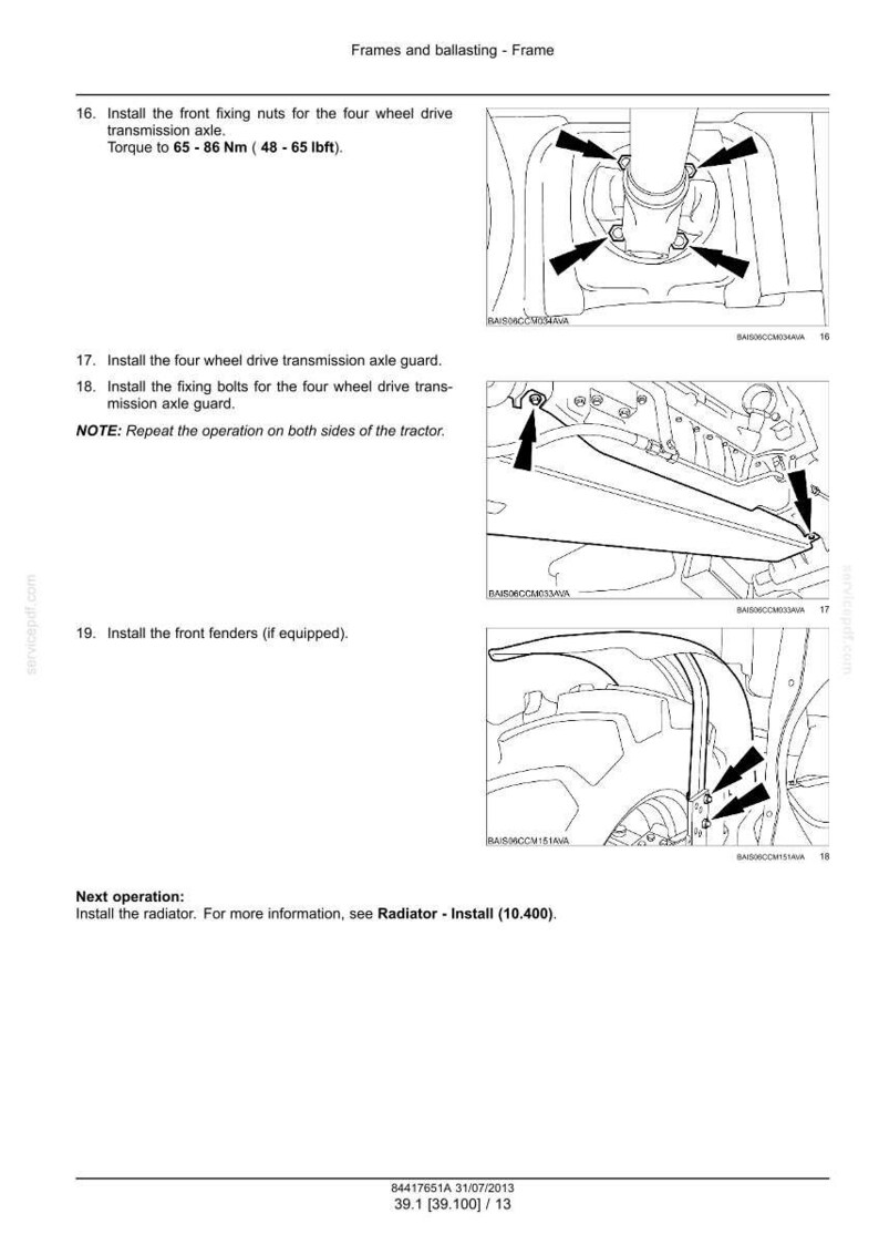 May include: Diagram of tractor components with arrows indicating installation points for the front fixing nuts, axle guard, and fixing bolts. Text includes torque specifications in Newton-meters and pound-feet.