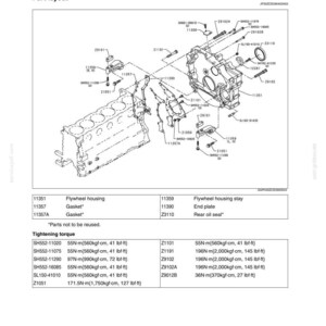 May include: A technical diagram titled Timing Gear Cover and Flywheel Housing showing an exploded view of engine components with part numbers, labels, and a table listing tightening torque specifications in N-m, kgf-cm, and lbf-ft units.