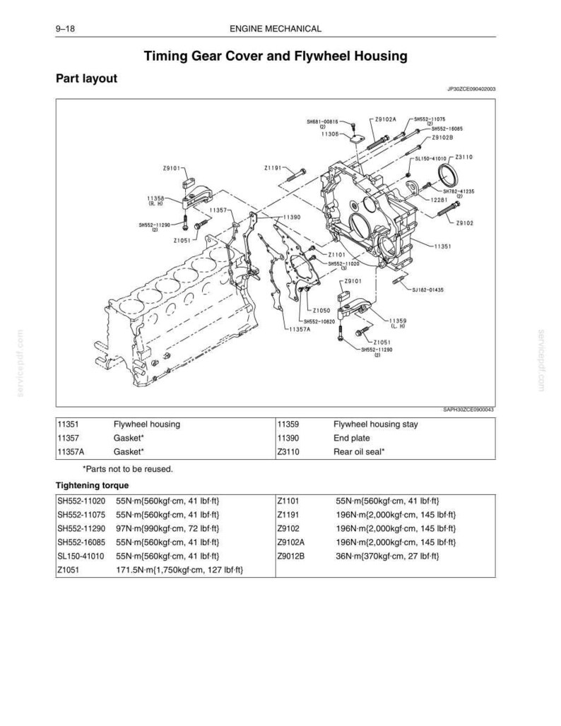 May include: A technical diagram titled Timing Gear Cover and Flywheel Housing showing an exploded view of engine components with part numbers, labels, and a table listing tightening torque specifications in N-m, kgf-cm, and lbf-ft units.
