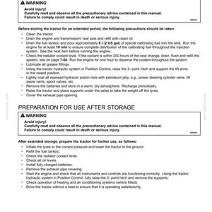 Pode incluir: Uma p&aacute;gina de manual t&eacute;cnico intitulada 7-MAINTENANCE, STORAGE, TRACTOR STORAGE. Cont&eacute;m avisos de seguran&ccedil;a e instru&ccedil;&otilde;es detalhadas para o armazenamento de um trator, incluindo a drenagem de combust&iacute;vel e a prepara&ccedil;&atilde;o para uso posterior.