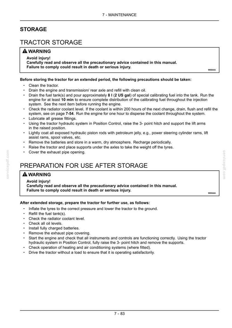 Pode incluir: Uma p&aacute;gina de manual t&eacute;cnico intitulada 7-MAINTENANCE, STORAGE, TRACTOR STORAGE. Cont&eacute;m avisos de seguran&ccedil;a e instru&ccedil;&otilde;es detalhadas para o armazenamento de um trator, incluindo a drenagem de combust&iacute;vel e a prepara&ccedil;&atilde;o para uso posterior.