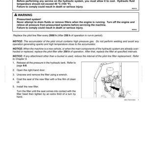 May include: A page from a maintenance manual detailing the pilot line filter. The text includes warnings about burn hazards and pressurized systems. An illustration shows the filter and related components.