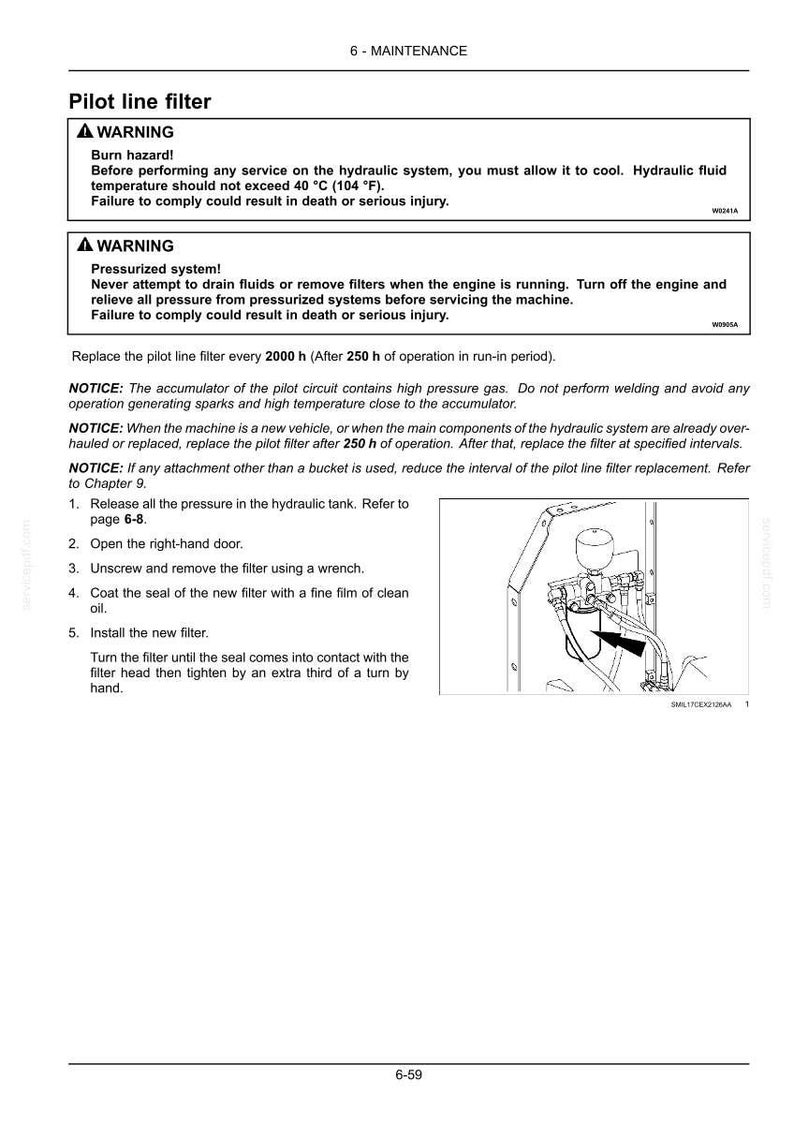 May include: A page from a maintenance manual detailing the pilot line filter. The text includes warnings about burn hazards and pressurized systems. An illustration shows the filter and related components.