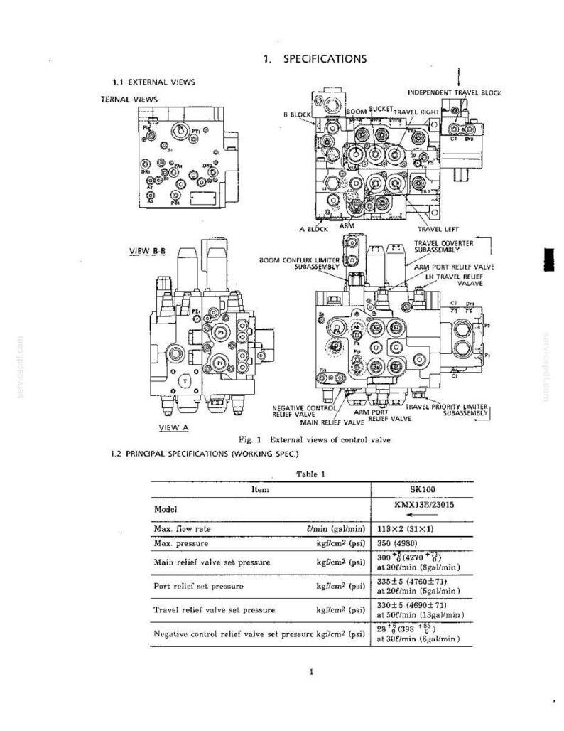 May include: A technical document page titled 1. SPECIFICATIONS showing external views of a control valve with labeled components like boom, bucket, and travel blocks. It includes Table 1 detailing the SK100 model KMX13B/23015 with flow and pressure specs.