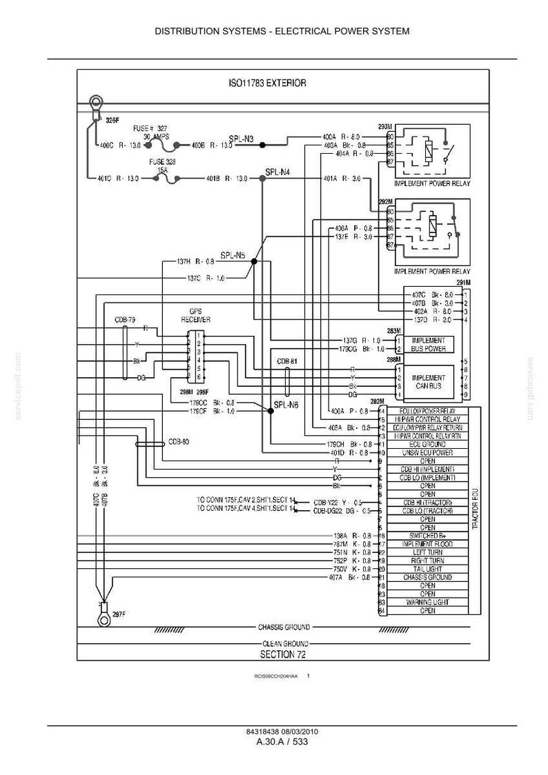May include: Diagram of an electrical power system, labeled "Distribution Systems - Electrical Power System" and "ISO11783 Exterior." The diagram includes various components, wiring, and text labels, with measurements in inches.