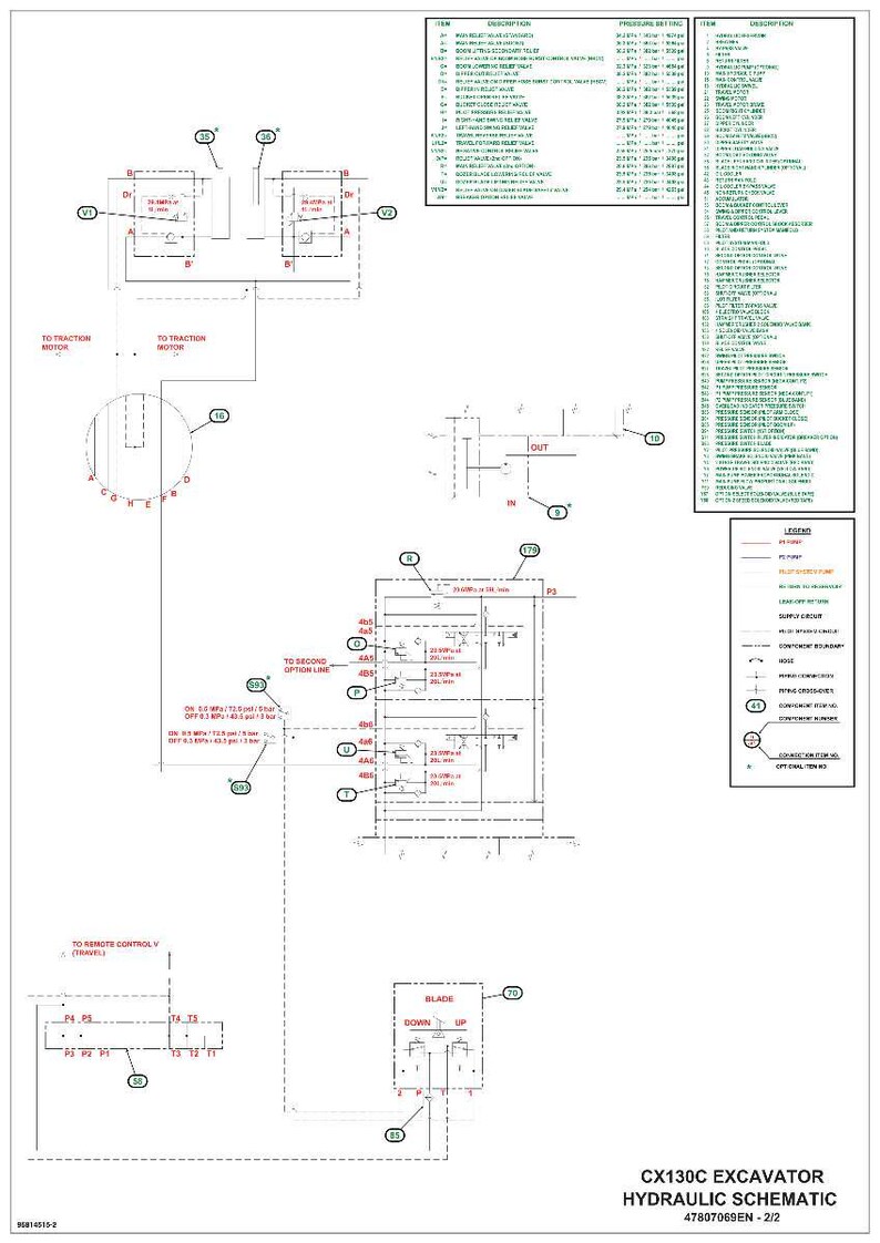 May include: A detailed hydraulic schematic for a CX130C excavator, featuring diagrams, labels, and pressure settings. The technical drawing includes components, lines, and text, with a legend for reference. The document is labeled with the title and part number.