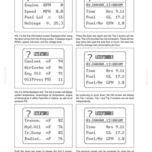 May include: A page from a manual showing various vehicle instrument and control screens. The screens display engine RPM, speed, fuel level, voltage, coolant, air turbo, engine oil, oil pressure, and trip information.