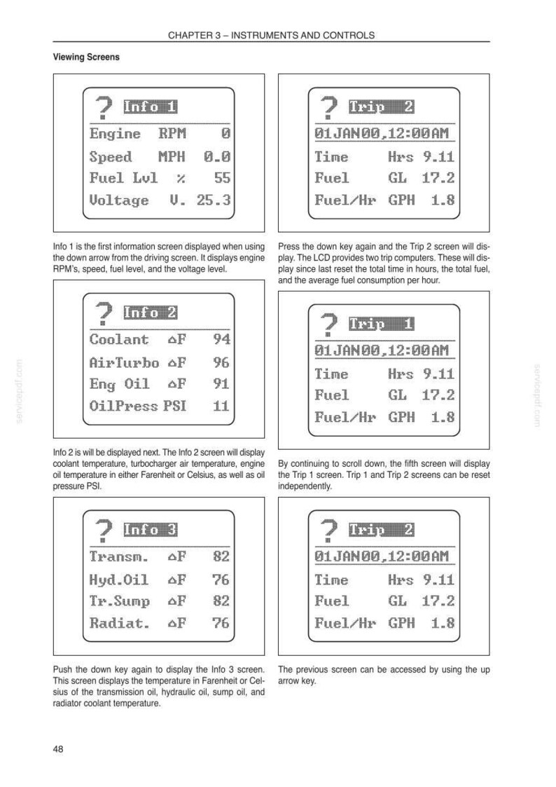 May include: A page from a manual showing various vehicle instrument and control screens. The screens display engine RPM, speed, fuel level, voltage, coolant, air turbo, engine oil, oil pressure, and trip information.