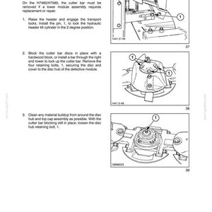 May include: Technical diagram illustrating the cutter bar removal process for H7460/H7560 models. The image shows detailed illustrations with numbered steps and close-up views of components, including bolts and discs, for repair.