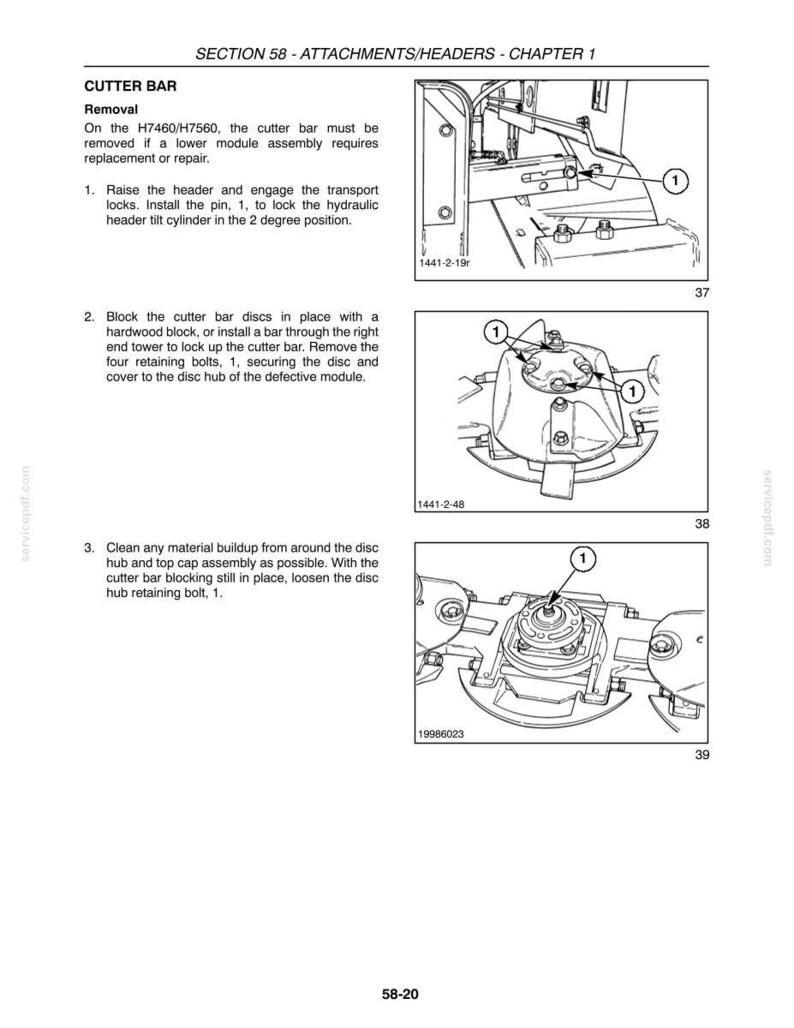 May include: Technical diagram illustrating the cutter bar removal process for H7460/H7560 models. The image shows detailed illustrations with numbered steps and close-up views of components, including bolts and discs, for repair.