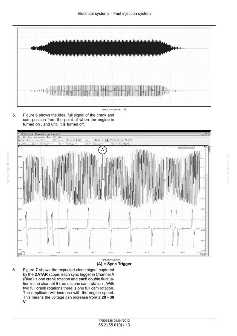 May include: Diagrams illustrating electrical systems and fuel injection, with text annotations. The image shows oscilloscope readings of engine signals, including crank and cam position data. The text explains signal characteristics and voltage fluctuations.