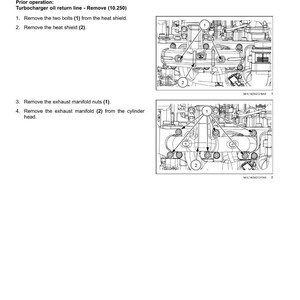 Puede incluir: Diagrama del proceso de extracci&oacute;n del colector de escape de un motor. La imagen incluye ilustraciones detalladas con componentes numerados e instrucciones para quitar pernos, protectores t&eacute;rmicos y tuercas. El texto proporciona una gu&iacute;a paso a paso.