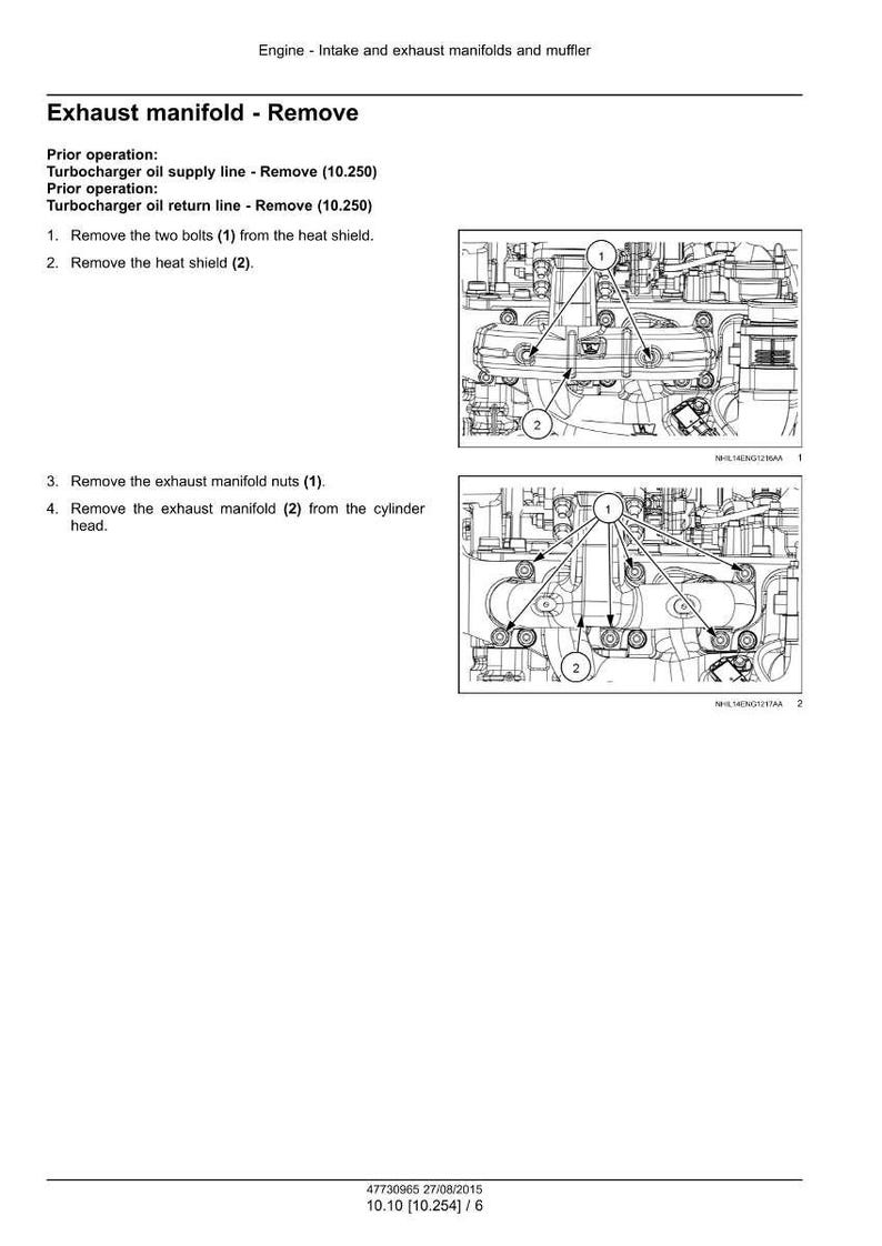 Puede incluir: Diagrama del proceso de extracci&oacute;n del colector de escape de un motor. La imagen incluye ilustraciones detalladas con componentes numerados e instrucciones para quitar pernos, protectores t&eacute;rmicos y tuercas. El texto proporciona una gu&iacute;a paso a paso.