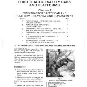 May include: A black and white technical manual page titled "Ford Tractor Safety Cabs and Platforms." The manual details cab removal and replacement procedures for various Ford tractor models, including diagrams and instructions.
