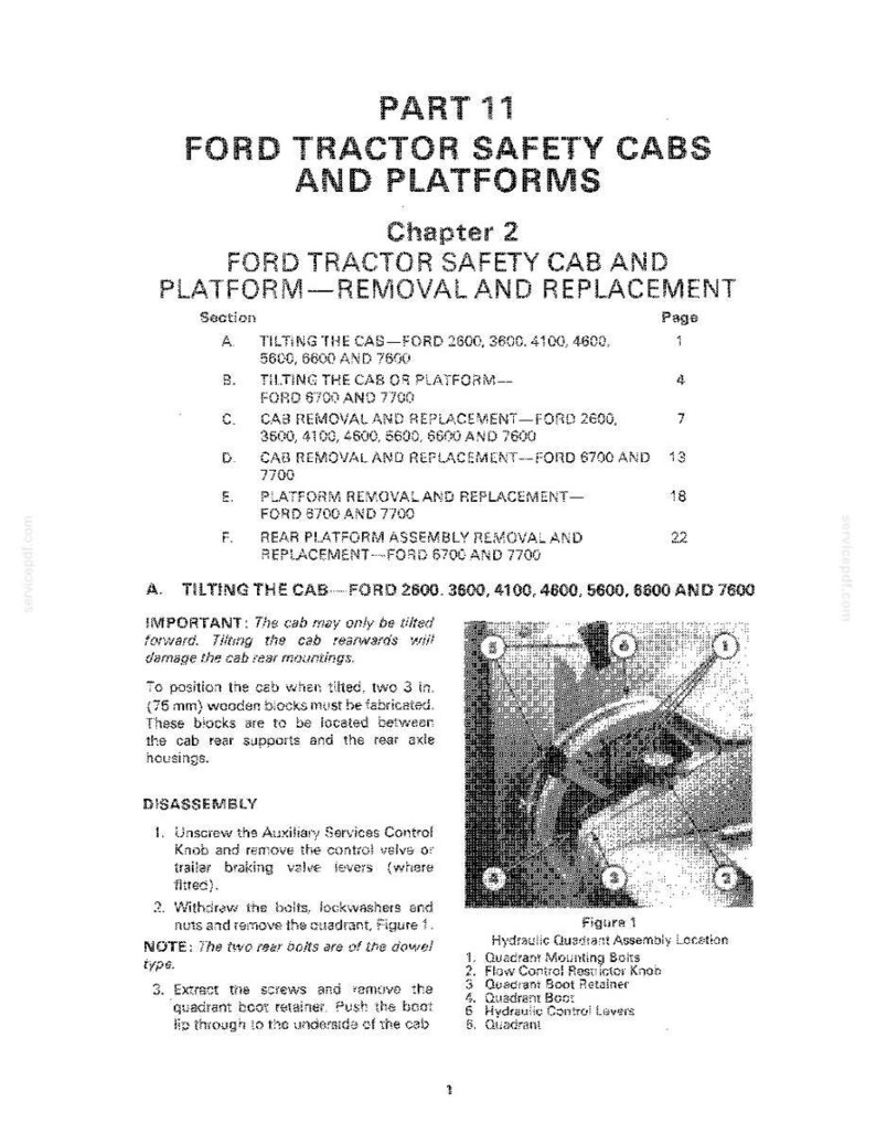 May include: A black and white technical manual page titled "Ford Tractor Safety Cabs and Platforms." The manual details cab removal and replacement procedures for various Ford tractor models, including diagrams and instructions.