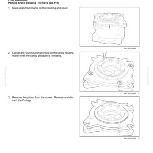 May include: Diagram of a parking brake housing disassembly process. The image includes step-by-step instructions with illustrations, including removing screws and the piston. Text includes "Parking brake housing - Disassemble" and "Remove (33.110)".