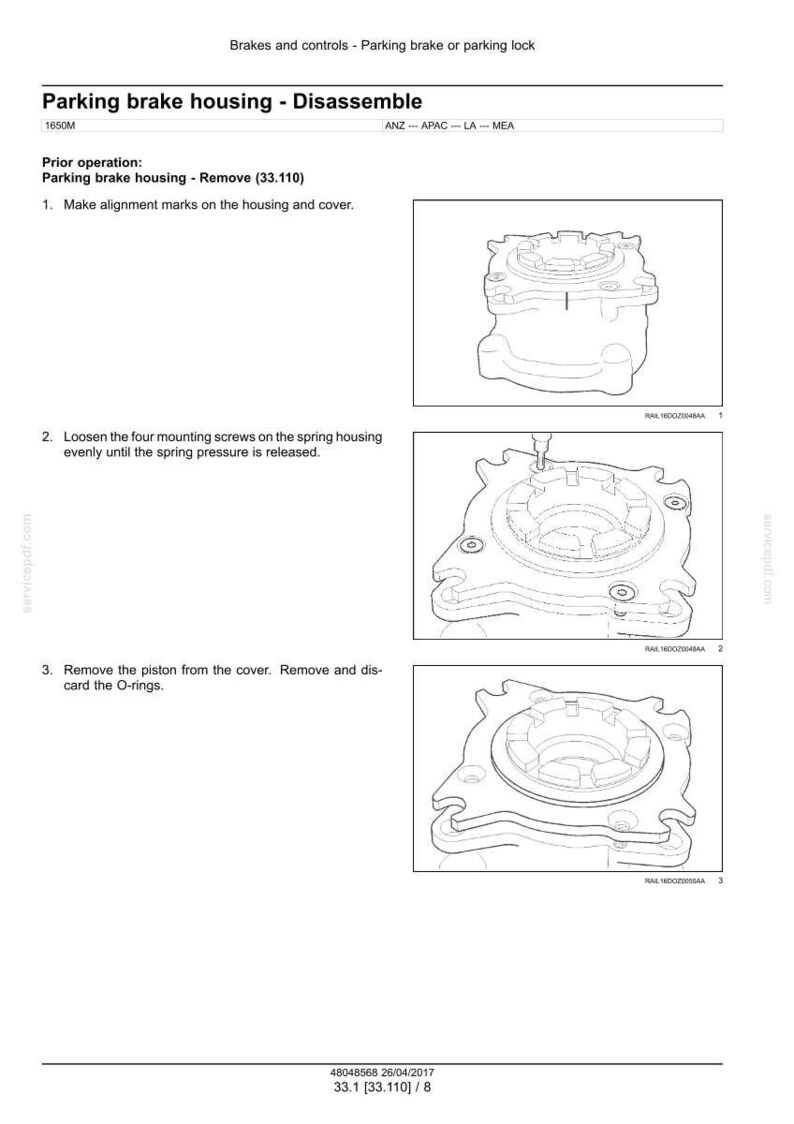 May include: Diagram of a parking brake housing disassembly process. The image includes step-by-step instructions with illustrations, including removing screws and the piston. Text includes "Parking brake housing - Disassemble" and "Remove (33.110)".