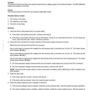 Peut inclure: Document d&eacute;taillant les codes d'erreur des syst&egrave;mes &eacute;lectriques, en particulier pour les r&eacute;chauffeurs tubulaires. Comprend des &eacute;tapes de d&eacute;pannage, des mesures de tension (20-28 V) et des instructions de v&eacute;rification du logiciel. Texte sur fond blanc.