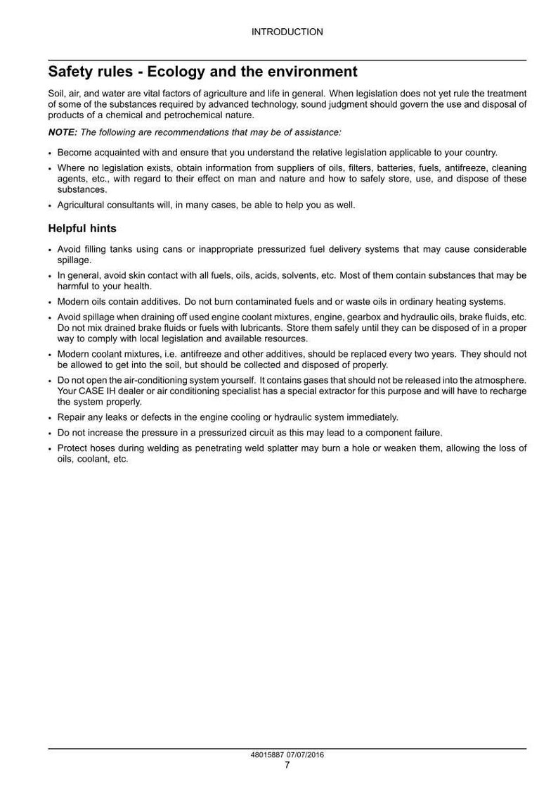 May include: White document with the title "Safety rules - Ecology and the environment" and bulleted safety recommendations. The document provides helpful hints on handling fuels, oils, and coolants to avoid environmental hazards.