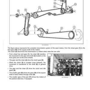 May include: Diagram of a metering mechanical drive system, showing gears, chains, and shafts. The image includes labels for each component, such as the wheel gear, clutch, and final gear. The text describes the function of each part.