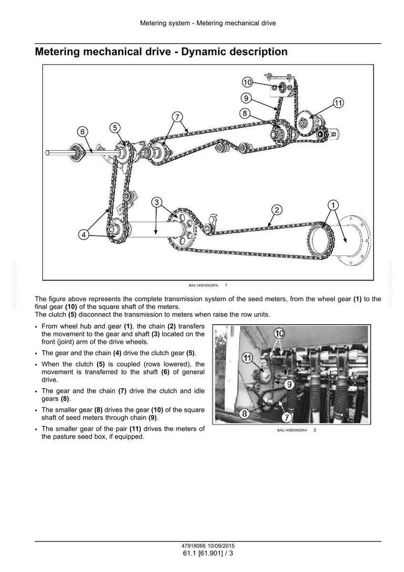 May include: Diagram of a metering mechanical drive system, showing gears, chains, and shafts. The image includes labels for each component, such as the wheel gear, clutch, and final gear. The text describes the function of each part.