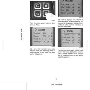 May include: A page from an automotive manual showing instrument and control details. The image displays various information screens with engine RPM, speed, fuel level, and temperatures in Fahrenheit. Includes text and diagrams.