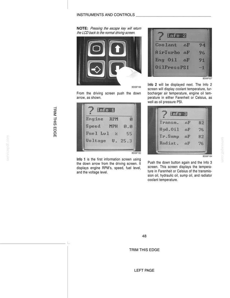 May include: A page from an automotive manual showing instrument and control details. The image displays various information screens with engine RPM, speed, fuel level, and temperatures in Fahrenheit. Includes text and diagrams.