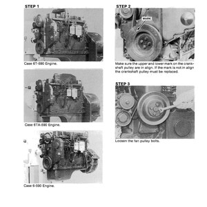 May include: Black and white technical manual page detailing engine block servicing. The manual includes diagrams and instructions for front oil seal replacement, with steps and engine model details.