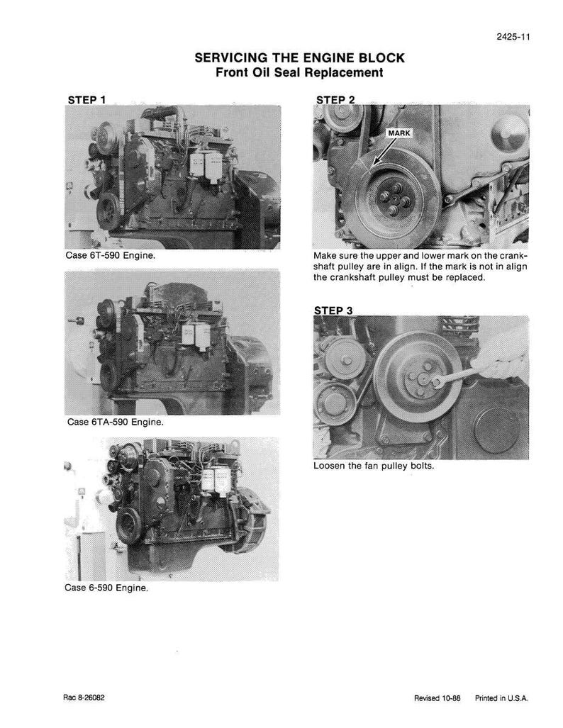 May include: Black and white technical manual page detailing engine block servicing. The manual includes diagrams and instructions for front oil seal replacement, with steps and engine model details.