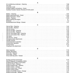 May include: Index page from a manual, featuring a list of topics and corresponding page numbers. The text is organized alphabetically, with categories like "Battery," "Engine," and "Fluids." The document is printed on white paper.
