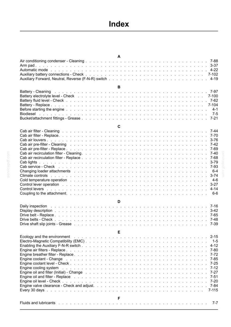 May include: Index page from a manual, featuring a list of topics and corresponding page numbers. The text is organized alphabetically, with categories like "Battery," "Engine," and "Fluids." The document is printed on white paper.