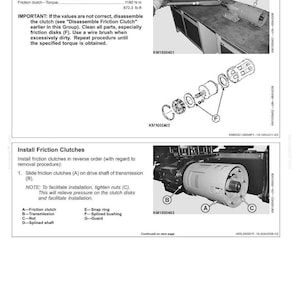 May include: A technical manual page titled Friction Clutches, featuring diagrams and instructions for checking torque with a wrench, disassembling friction disks, and installing clutches onto a transmission drive shaft with labeled components.