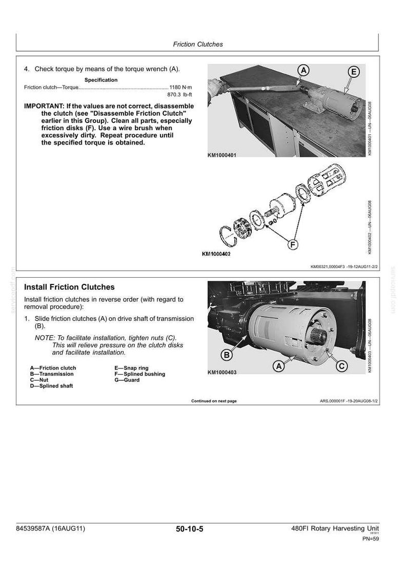May include: A technical manual page titled Friction Clutches, featuring diagrams and instructions for checking torque with a wrench, disassembling friction disks, and installing clutches onto a transmission drive shaft with labeled components.