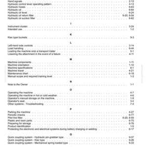 May include: A page from a manual with a table of contents. The text is black on a white background. The table lists various topics, including "Grease points," "Hydraulic oil," and "Quick coupling system."