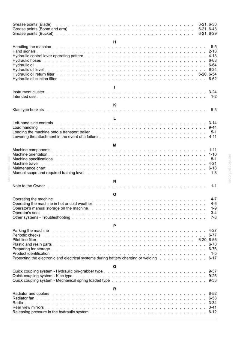 May include: A page from a manual with a table of contents. The text is black on a white background. The table lists various topics, including "Grease points," "Hydraulic oil," and "Quick coupling system."