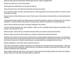 May include: A page from a manual with the title "Safety rules - General maintenance safety." The text provides instructions on maintaining machinery, including cleaning, servicing, and safety precautions. The document includes a date and page number.