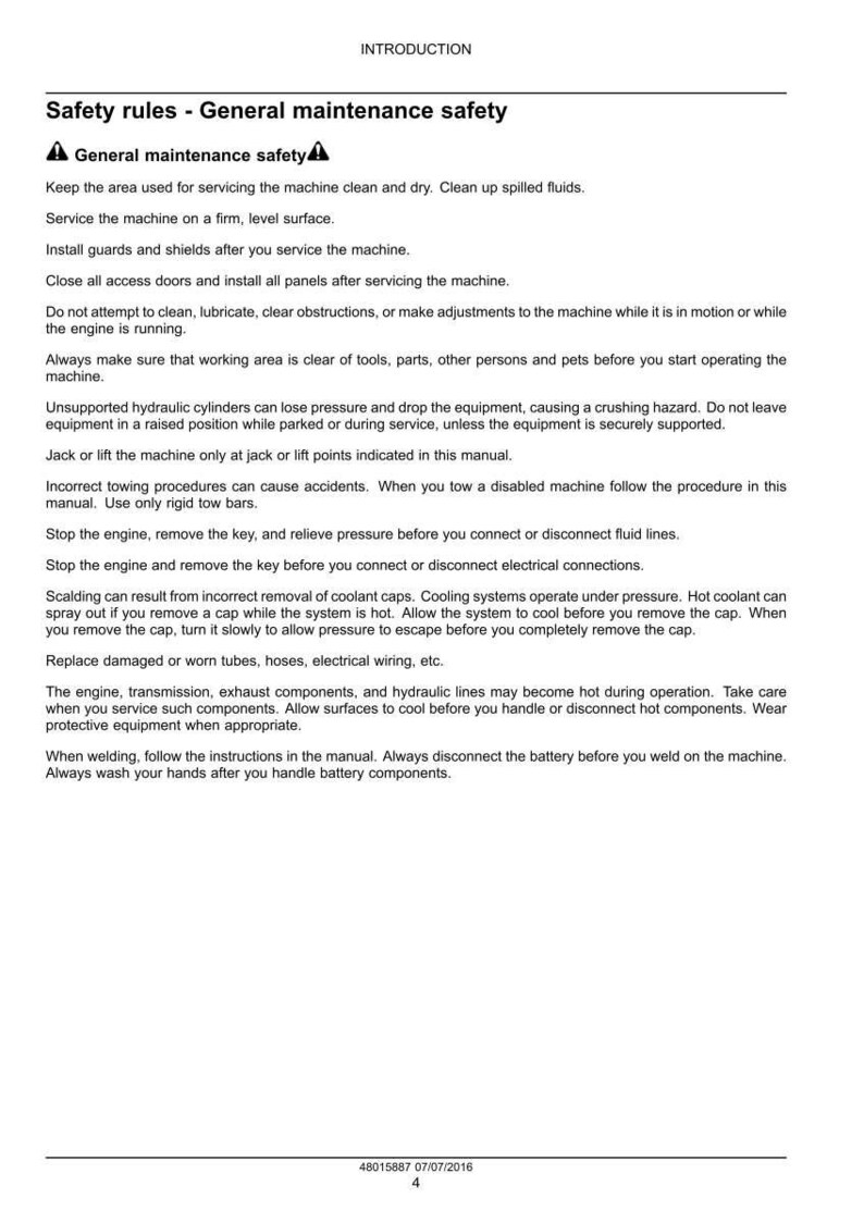 May include: A page from a manual with the title "Safety rules - General maintenance safety." The text provides instructions on maintaining machinery, including cleaning, servicing, and safety precautions. The document includes a date and page number.