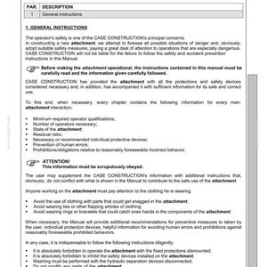 May include: A page from a CASE Construction manual, labeled "Safety." It includes general instructions, warnings, and safety precautions for operating an attachment. Text includes warnings about clothing and operating procedures.