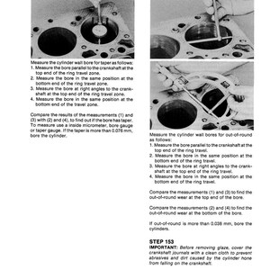 May include: Technical diagram with instructions for measuring cylinder wall bores. The image shows close-up views of engine components with measurement tools. Text details steps for checking taper and out-of-round wear, including measurement points and acceptable tolerances.