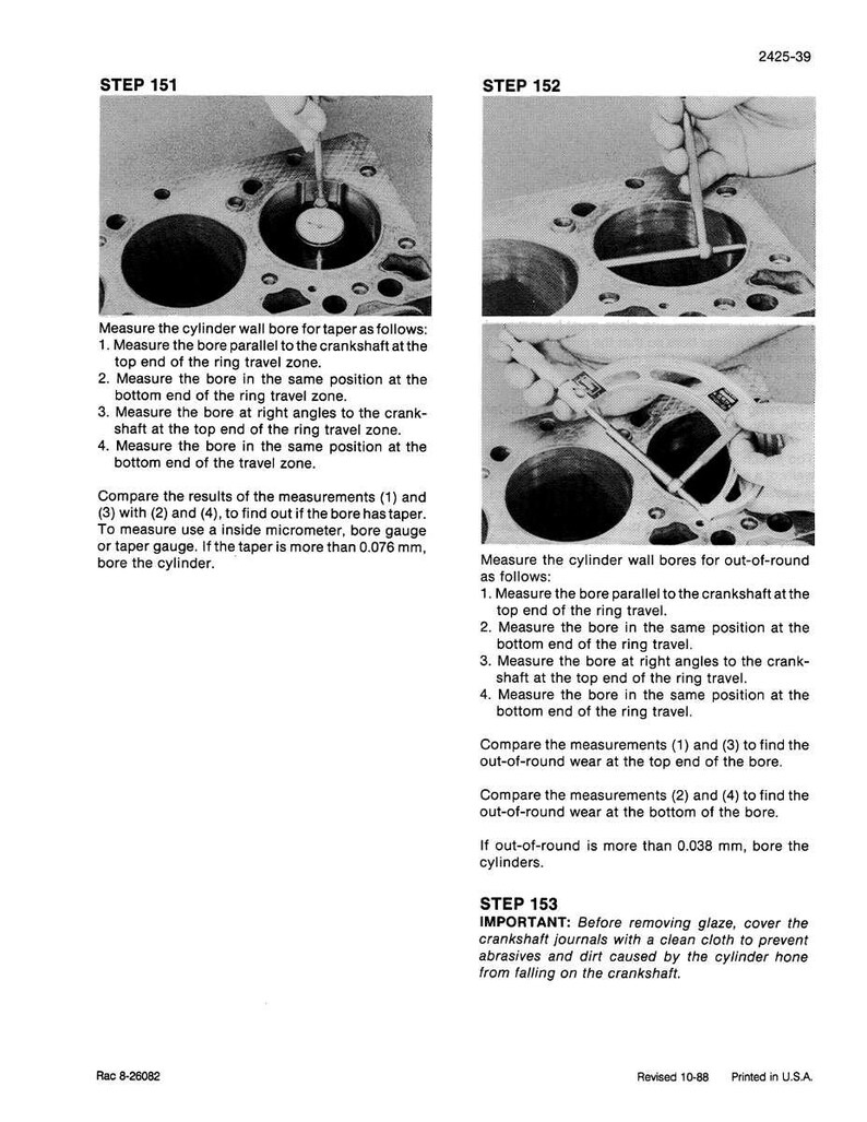 May include: Technical diagram with instructions for measuring cylinder wall bores. The image shows close-up views of engine components with measurement tools. Text details steps for checking taper and out-of-round wear, including measurement points and acceptable tolerances.