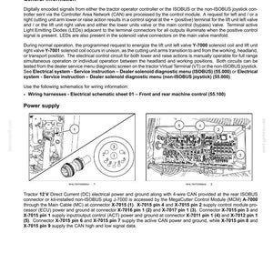 Puede incluir: Diagrama de control del sistema hidr&aacute;ulico con esquemas de cableado. Incluye ilustraciones de conectores, mazos de cables y una fuente de alimentaci&oacute;n. El texto detalla la alimentaci&oacute;n el&eacute;ctrica, la tierra y los datos CAN del tractor.