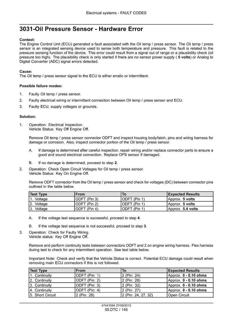 May include: Technical document detailing a 3031-Oil Pressure Sensor hardware error. It provides context, cause, failure modes, and solutions. Includes tables with test types, pin locations, and expected results in volts and ohms for automotive diagnostics.