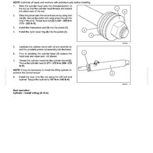 May include: Diagram of a cylinder assembly process with numbered parts and instructions. Includes illustrations of the cylinder head, piston, seals, and wear ring. Text details steps for assembly, lubrication, and torque specifications in foot-pounds.