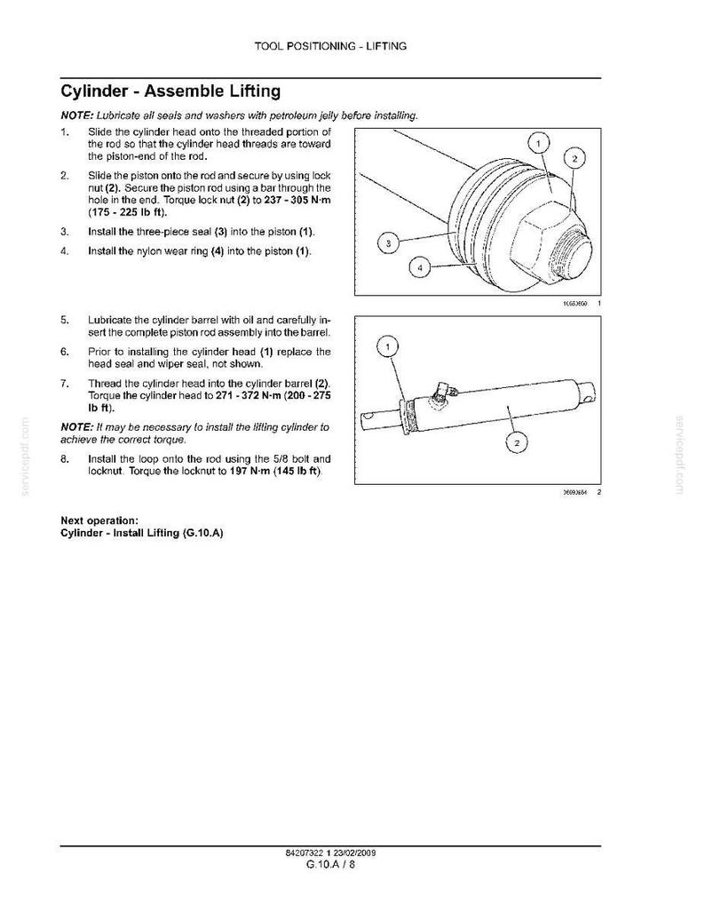 May include: Diagram of a cylinder assembly process with numbered parts and instructions. Includes illustrations of the cylinder head, piston, seals, and wear ring. Text details steps for assembly, lubrication, and torque specifications in foot-pounds.