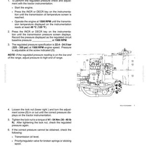 May include: Diagram of a pump control valve with text instructions for adjustment. The text includes steps for checking and adjusting pressure, with specifications in bar and psi. The image also shows a torque measurement of 30-40 lb ft.