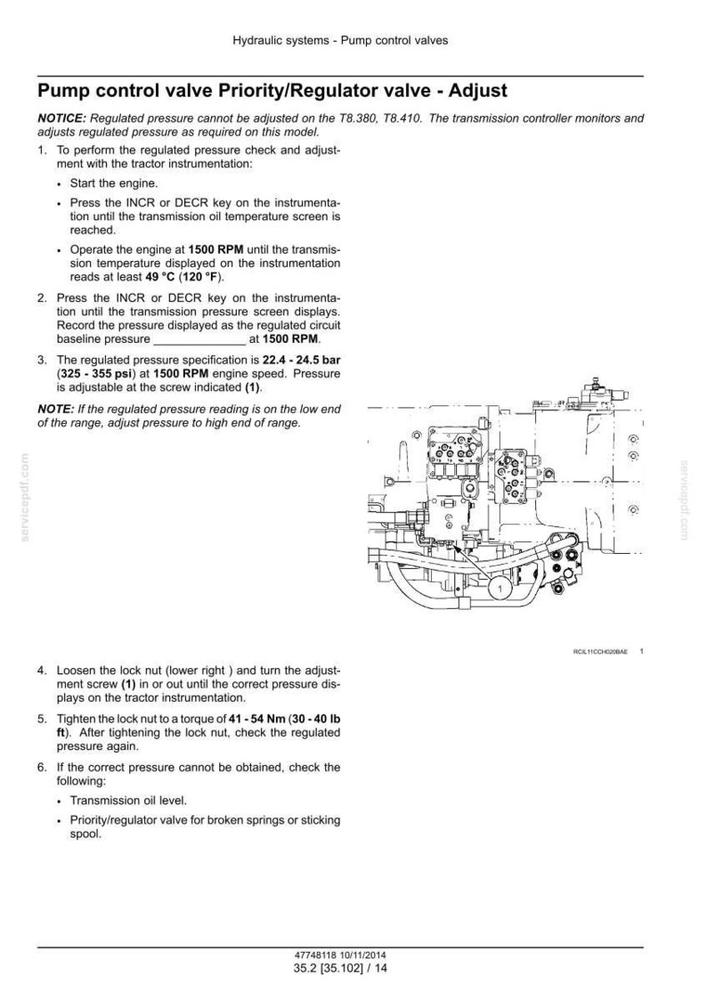 May include: Diagram of a pump control valve with text instructions for adjustment. The text includes steps for checking and adjusting pressure, with specifications in bar and psi. The image also shows a torque measurement of 30-40 lb ft.