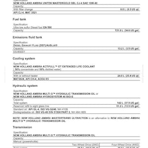 May include: A technical specification document for New Holland B110C, B110C TC, and B110C LR models. It lists capacities for the engine crank case, fuel tank, emissions fluid tank, cooling system, hydraulic system, and transmission in liters and US gallons.